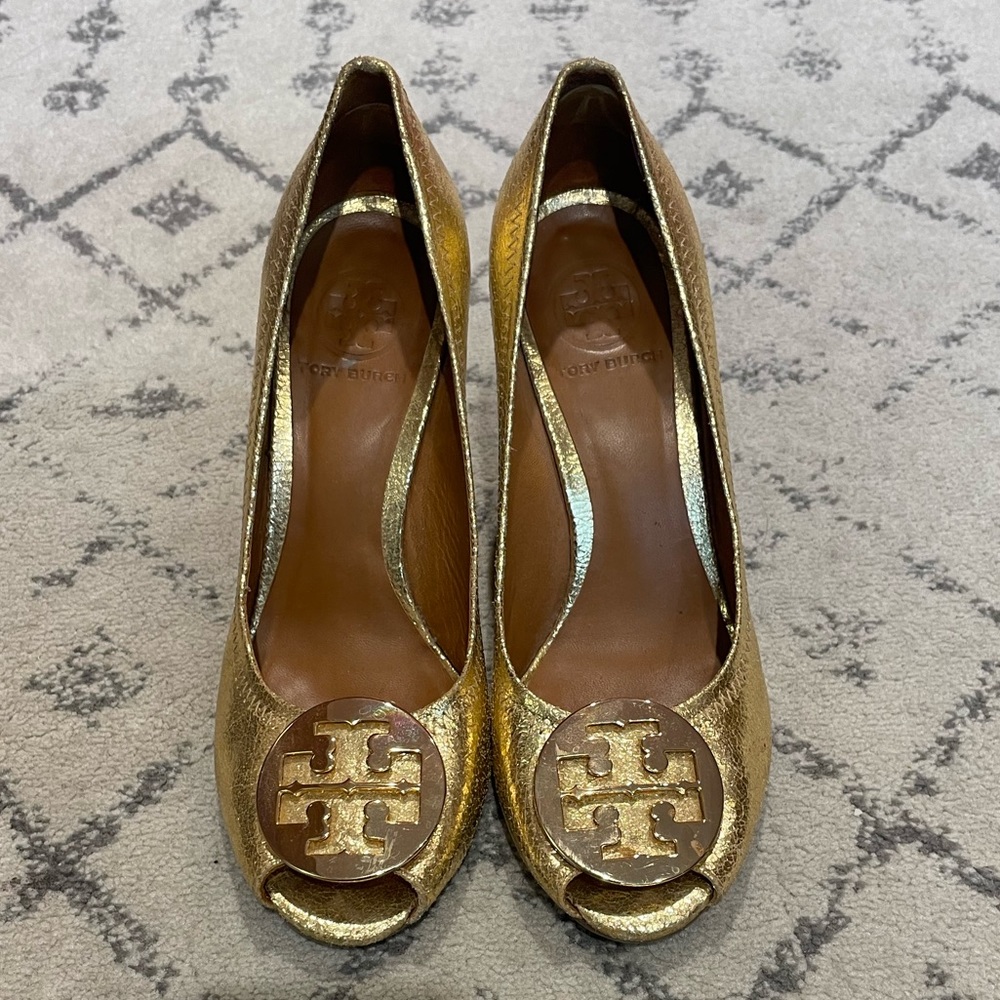 Tory Burch Metallic Gold Peep-Toe Wedge Pumps